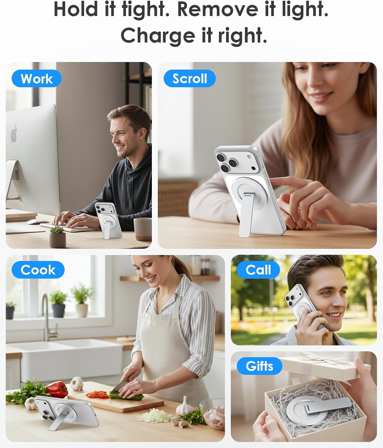 Magtame Double-Sided Magnetic Phone Stand Grip, Strong Magnetic Kickstand Desk Holder for Mag&Safe and Smartphone, Foldable Adjustable Design, Silver