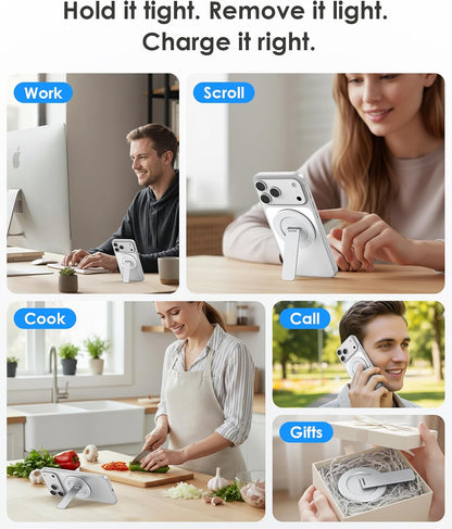 Magtame Double-Sided Magnetic Phone Stand Grip, Strong Magnetic Kickstand Desk Holder for Mag&Safe and Smartphone, Foldable Adjustable Design, Silver