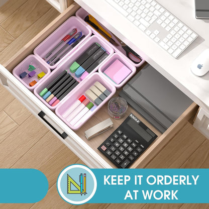 StoreHappily 10 PCS Drawer Organizer Set, 4 Size Makeup Drawer Divider Organizer With Non-Slip Pads, Interlocking Plastic Storage Bins for Office,Jewelry Vanity,Gadgets, Bathroom,Kitchen, Black