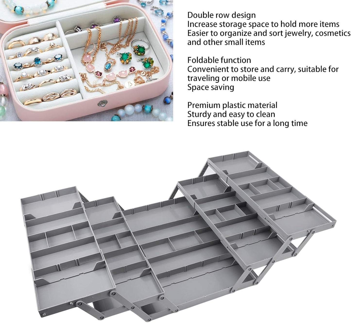 Pomya Multi Tier Drawer Organizer, Foldable Expandable Desk Storage Organizer Tray Bins with Compartments Storage Trays, Adjustable Double Row Organizer Trays for Make Up, Jewelry (2
