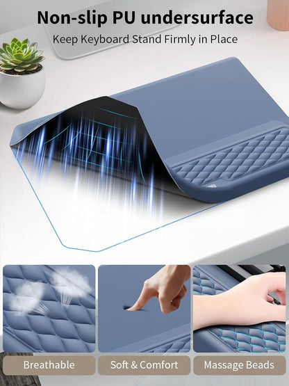 3-in-1 Ergonomic Keyboard Stand with Wrist Rest & Mouse Pad Set, Comfy Keyboard Riser Holder Soft Mousepad with Massage Design, Memory Foam and Non-Slip PU Base for Pain Relief, Black