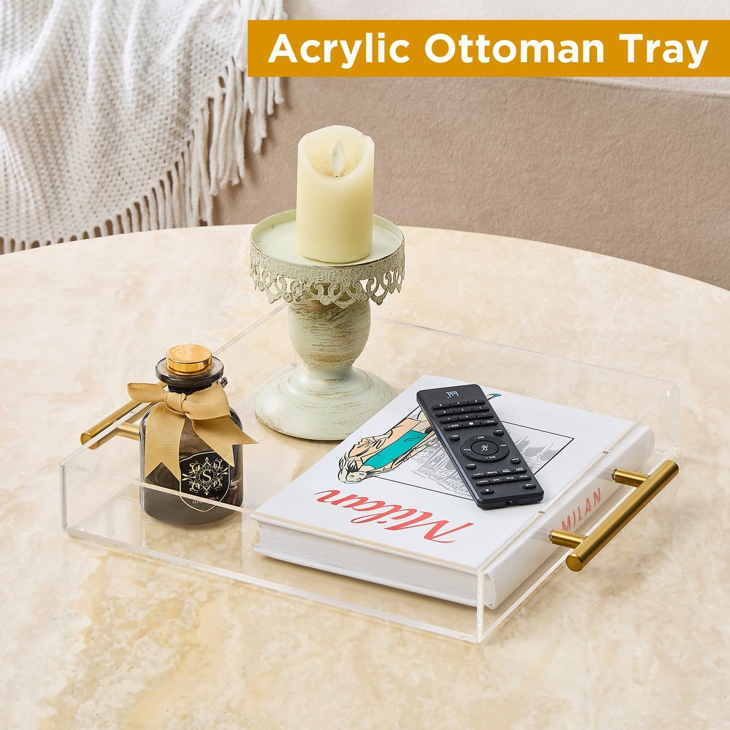 12"x16" Clear Acrylic Serving Tray with Golden Handles, Sturdy Huge Capacity Acrylic Tray for Coffee, Juice, Kitchen and Desk Organizer, Storage Tray (12"x16")