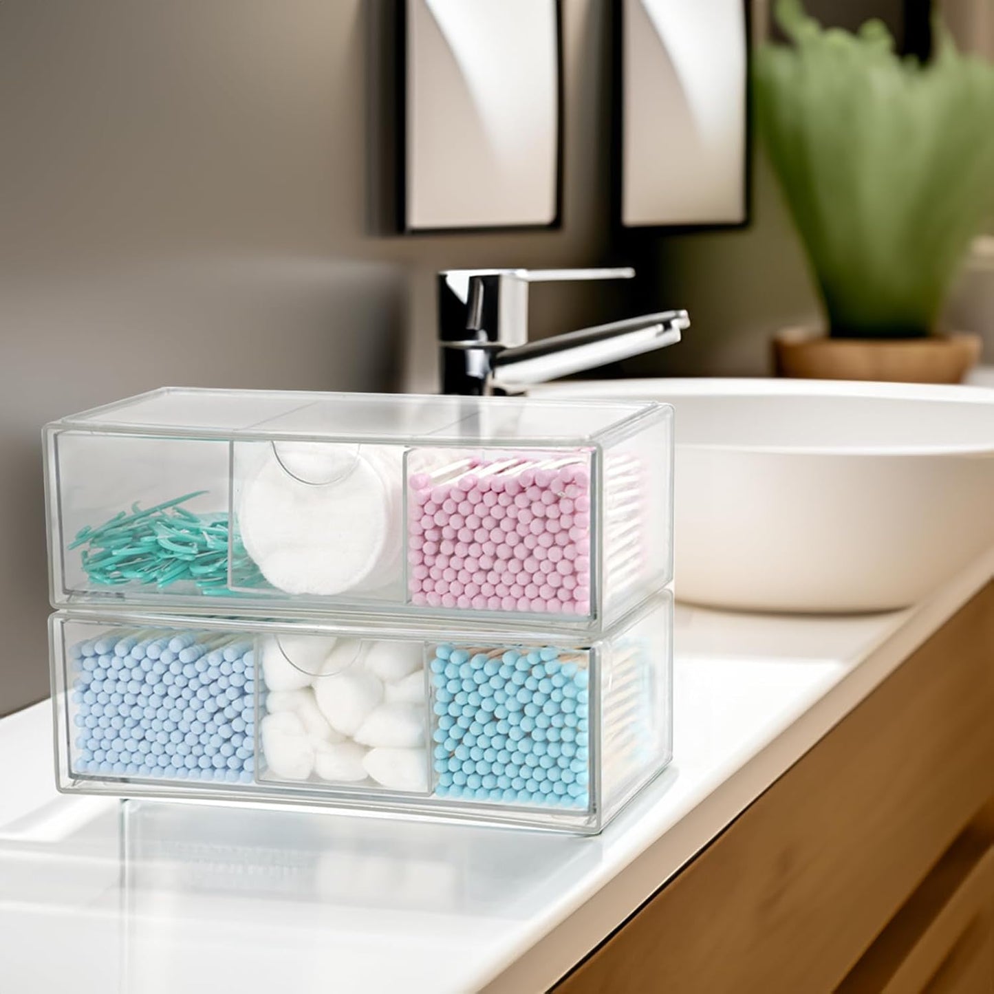 Set of 2 Stackable Storage Drawers - 6.7" Clear Plastic Drawer Storage, Acrylic Makeup Organizer, Desk Counter Cabinet Office Organizer, Bathroom Organizers and Storage (Modern/Set of 2)