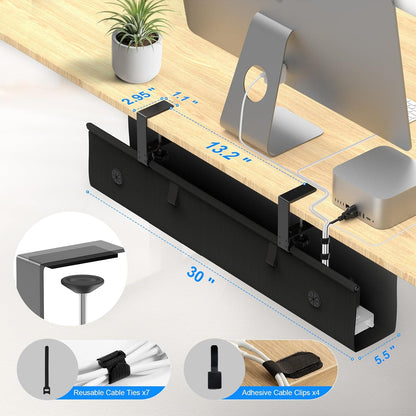 Under Desk Cable Management Tray, 40-inch No-Drill Cord Organizer with Anti-Sag Reinforced Base, Fabric Wire Management Hider for Standing Desk, Office & Gaming Accessories - Black