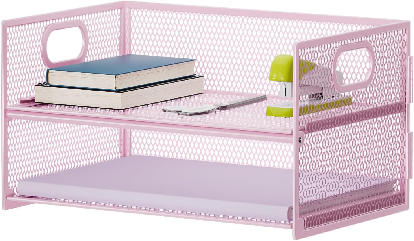 Marbrasse 2 Tier Paper Organizer Letter Tray, Mesh File Organizer with Handle, Paper Sorter Desk Organizer for Home Office Supplies - Black