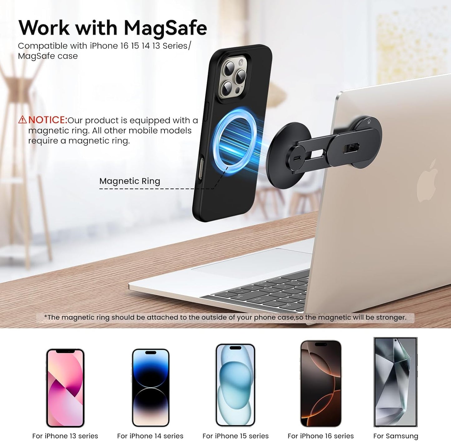 Laptop Phone Holder, Magnetic Phone Stand 15W Fast Wireless Charger for MagSafe for iPhone 17/16/15/14/13/12 & All Phones for Tesla (Black)