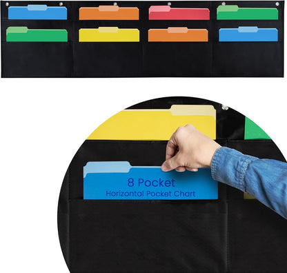 Essex Wares - 7 Pocket File Pocket Chart, Black, Tall - Versatile Wall Hanging File Folder Organizer for Classroom, Office, Home, and More - Wall Folder Organizer - 7 Pockets