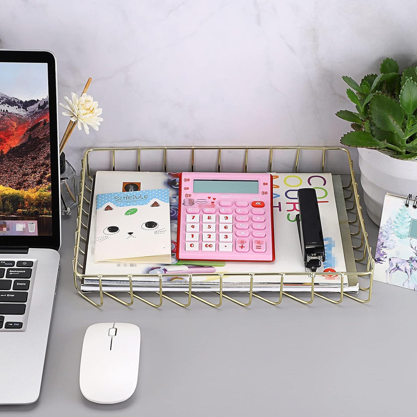 BTSKY Multipurpose A4 File Tray Wire Desk Tray Organizer Elegant Letter Size Desk Documents Trays Magazine Files Storage Basket Organizer Bin for Office Cosmetics Bathroom(Rose Gold)