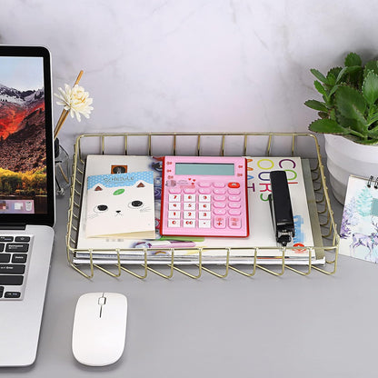 BTSKY Multipurpose A4 File Tray Wire Desk Tray Organizer Elegant Letter Size Desk Documents Trays Magazine Files Storage Basket Organizer Bin for Office Cosmetics Bathroom(Rose Gold)