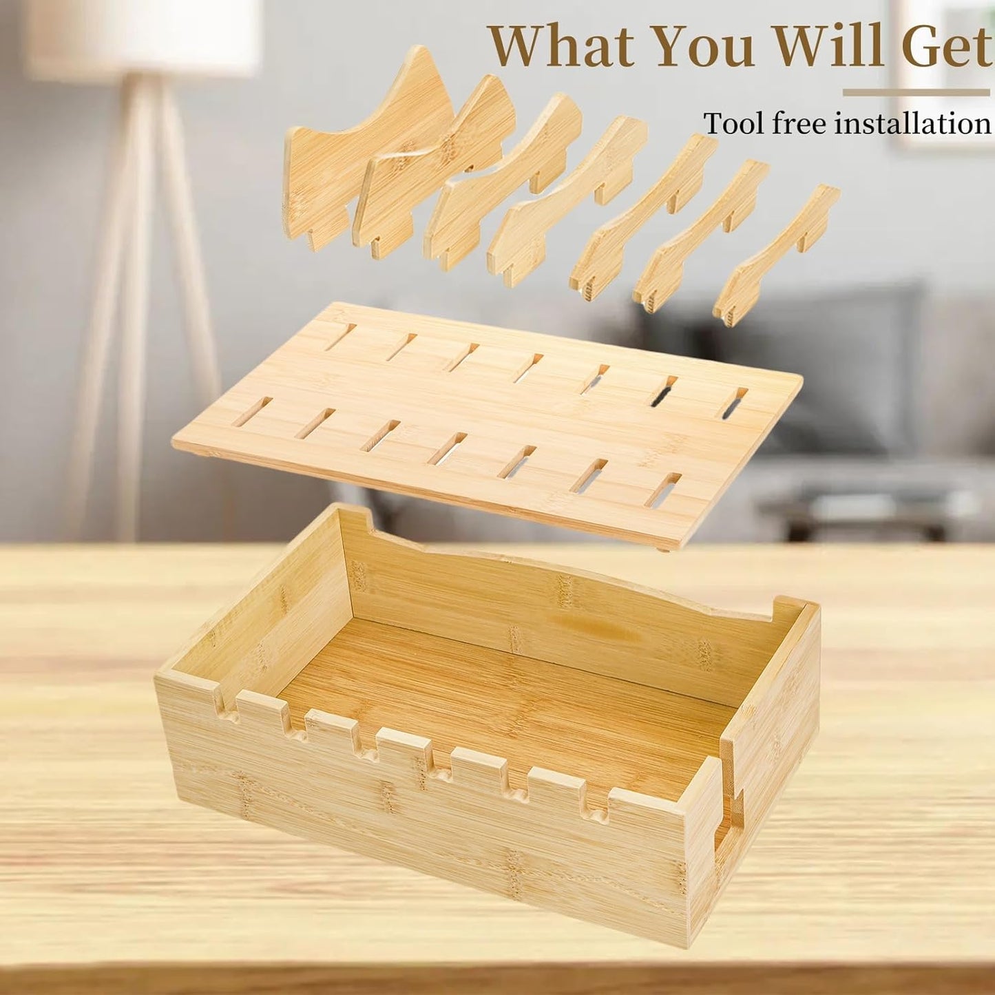 WRINGKIT Bamboo Charging Station for Multiple Devices, Desktop Charging Organizer with Removable Divider Slots, Docking Stations Stand for 6 Devices, Compatible with Tablets, iPads, Cell Phone, Laptop