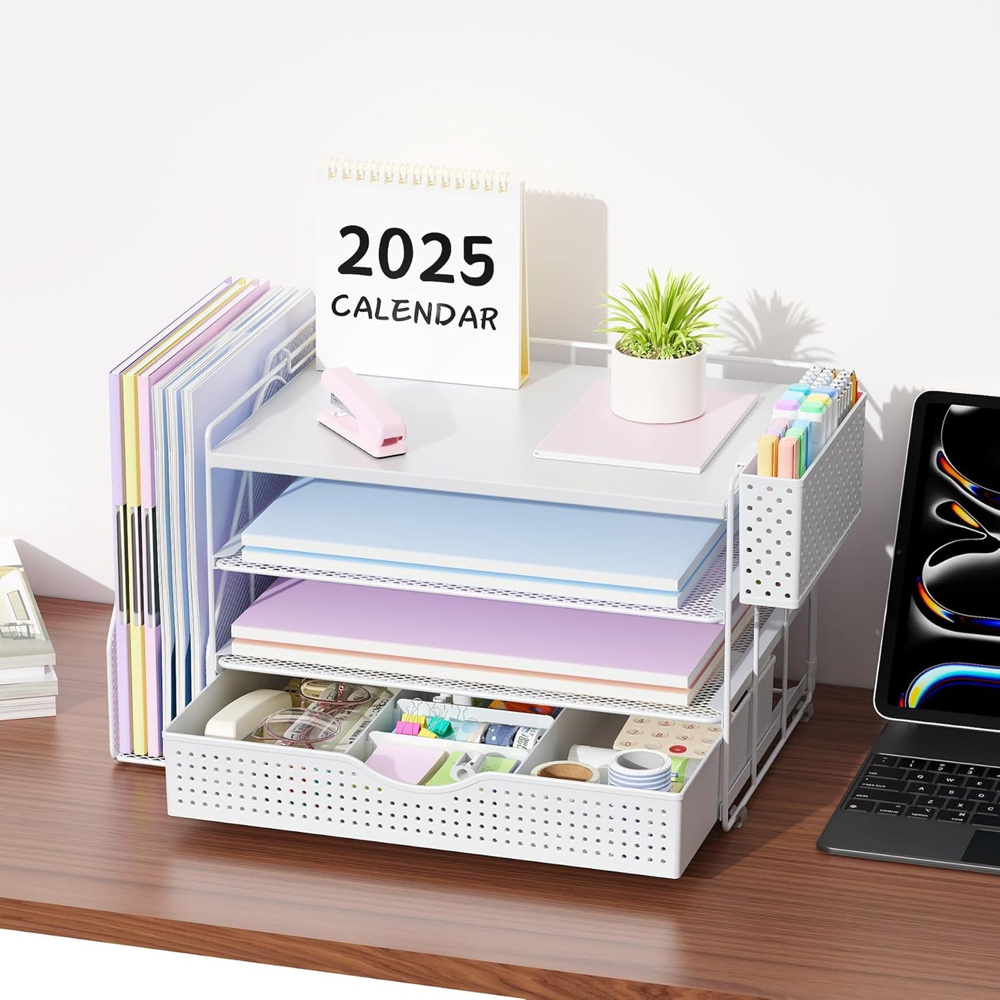 gianotter Wood Desk Organizers and Accessories with File Holder, 4-Tier Desk Accessories & Workspace Organizers with Drawer and Pen Holder, Desk Reference Organizer (Wood)