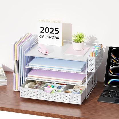 gianotter Wood Desk Organizers and Accessories with File Holder, 4-Tier Desk Accessories & Workspace Organizers with Drawer and Pen Holder, Desk Reference Organizer (Wood)