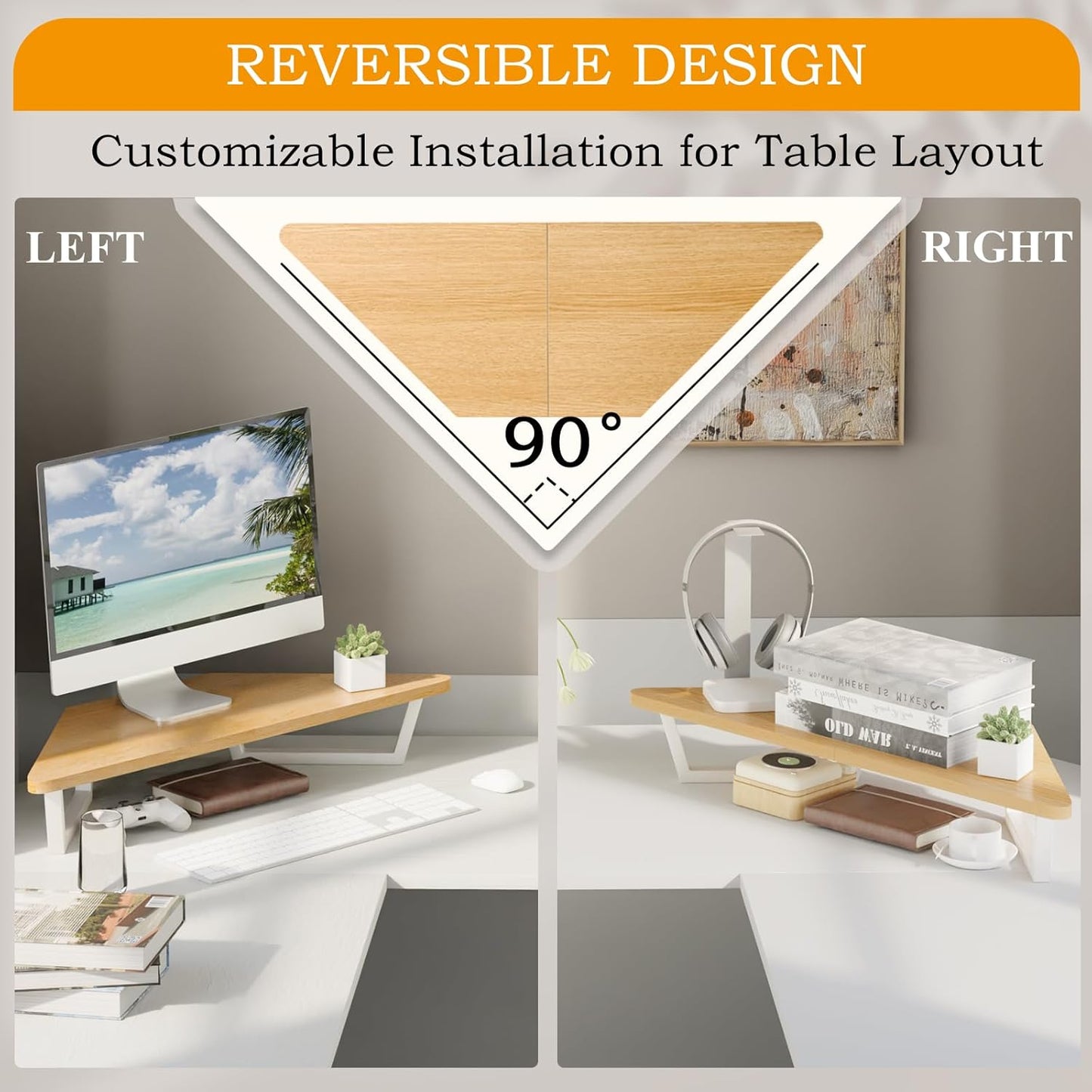 TEAMIX 26 inch Triangle Monitor Stand Riser, Desktop Corner Shelf with Metal Leg Wood Computer Stand with Storage Laptop Riser Office Organization