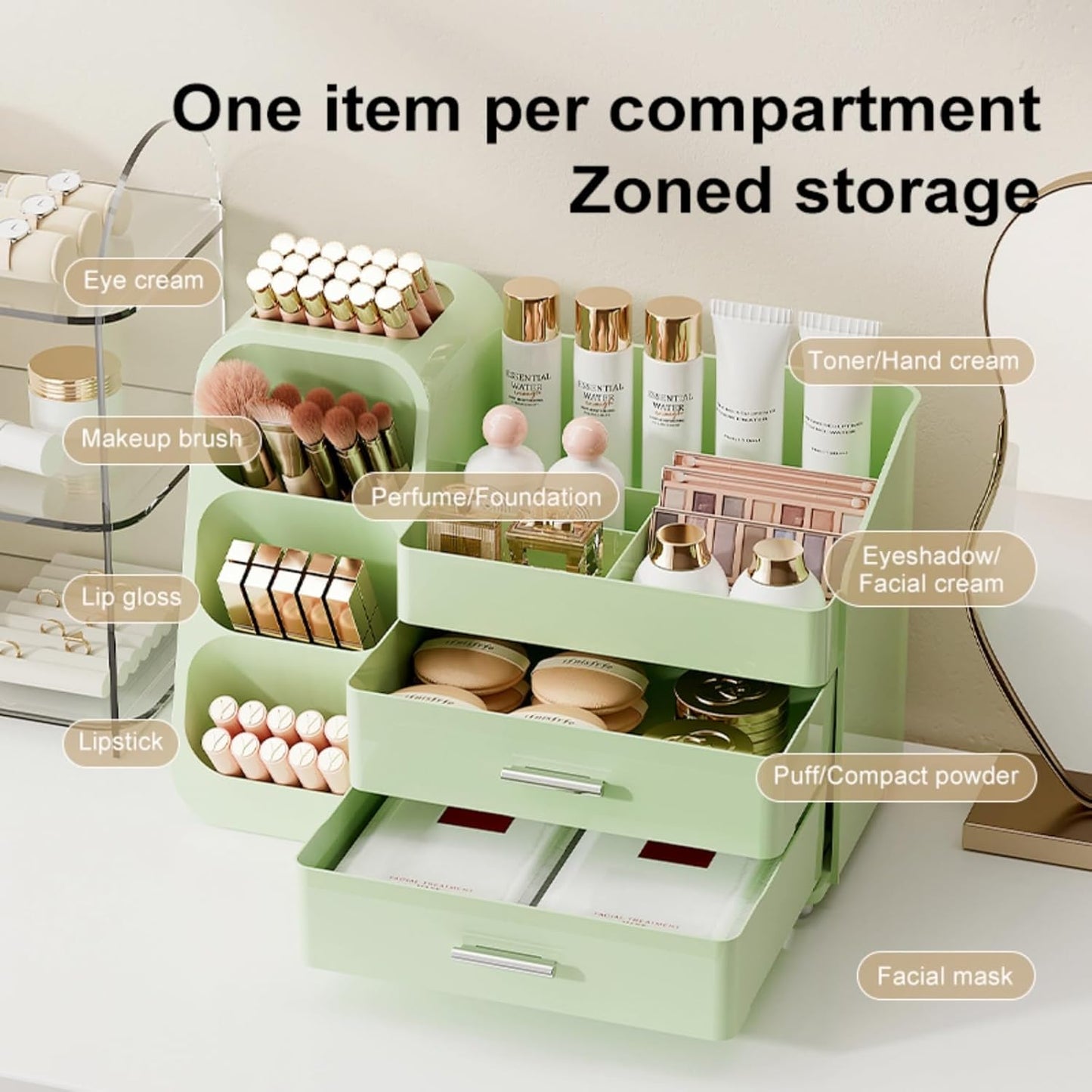 Booklov Makeup Organizer for Vanity, Countertop Cosmetic Display Case with Clear Acrylic Drawers, Bathroom Counter Beauty Caddy, Cute Table Storage Holder for Skincare, Brush Lipsticks, Crystal White