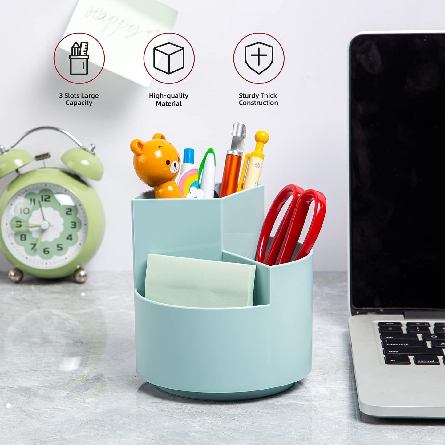 Desk Pencil Pen Holder, 3 Slots 360-Degree Spinning Organizers, Desktop Storage Stationery Supplies, Cute Cup Pot for Office, School, Art Supply, Kids - White