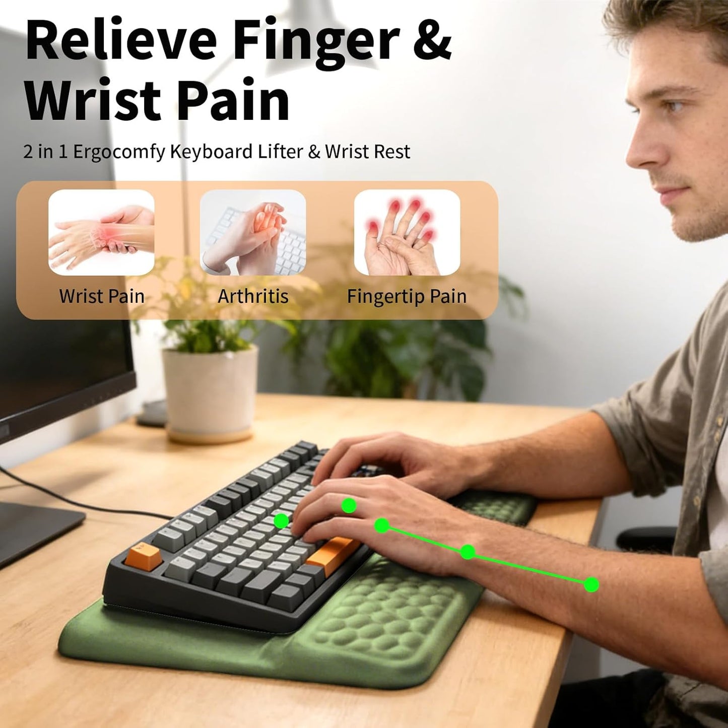 Wrist Rest with Keyboard Stand, Computer Wrist Support Pad, Ergonomic Keyboard Riser Hand Rest Soft Memory Foam Cushion Holder Gaming Typing Desk Accessories for Office Home School（Black）