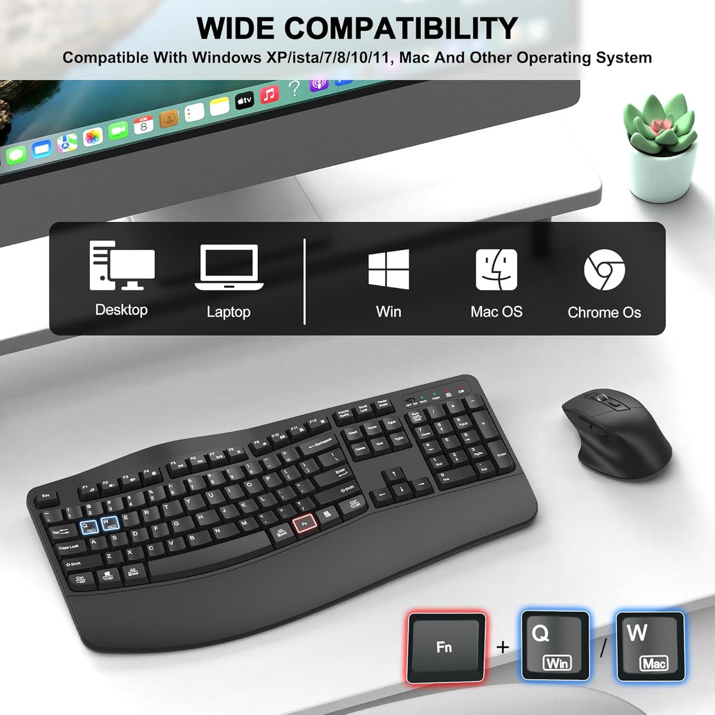 Wireless Keyboard and Mouse Combo, 2.4G Full Size Wave Keys Ergonomic Keyboard with Wrist Rest and 3-Level DPI Adjustable Wireless Ergonomic Mouse for Windows, Mac OS Desktop/Laptop/PC(Black)