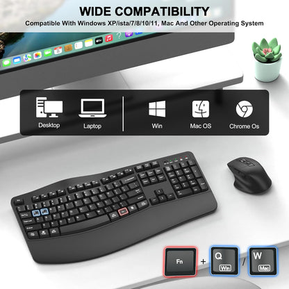 Wireless Keyboard and Mouse Combo, 2.4G Full Size Wave Keys Ergonomic Keyboard with Wrist Rest and 3-Level DPI Adjustable Wireless Ergonomic Mouse for Windows, Mac OS Desktop/Laptop/PC(Black)