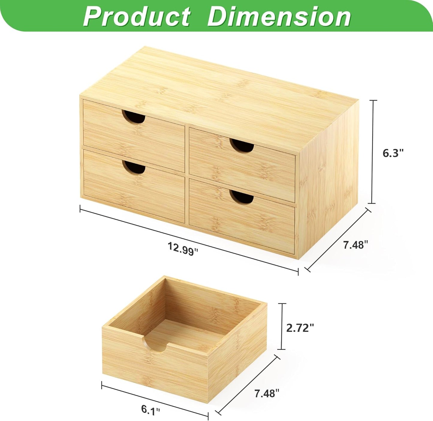 Bamboo Desk Organizer with Drawers - Small Desktop Storage Container for Countertop & Tabletop - No Assembly Required