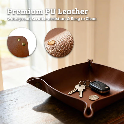 3 PACK PU Leather Jewelry Valet Tray Organizer, Foldable & Portable Catch All Bowl for Entryway Table, Nightstand, Desk & Travel | Storage Dish for Keys, Watch, Coin, Glasses (Brown)