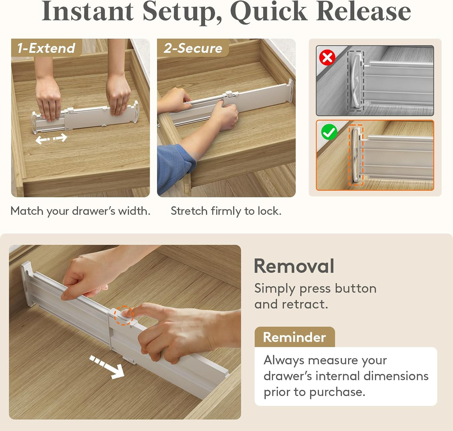 Lifewit Drawer Dividers for Clothes, 3.2" Tall 10.5"-16.5" Expandable Dresser Drawer Organizers, Adjustable White Plastic Separators for Kitchen, Cabinet, Nursery, Socks & Underwear Storage, 4 Pack