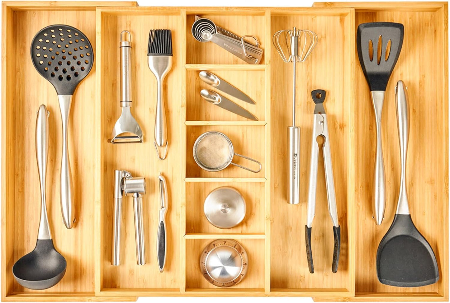 Umilife Expandable Kitchen Drawer Organizer, 2.5" High Bamboo Utensils Silverware Tray, Adjustable Large Deep Wood Organization Holder