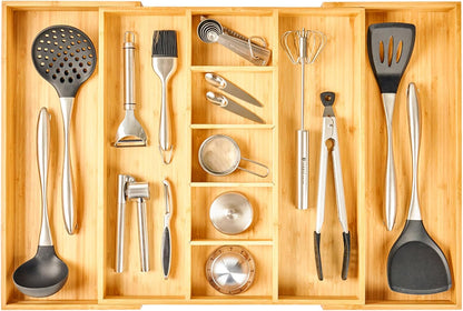 Umilife Expandable Kitchen Drawer Organizer, 2.5" High Bamboo Utensils Silverware Tray, Adjustable Large Deep Wood Organization Holder