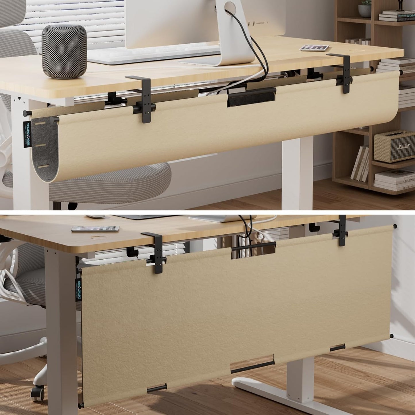 2-in-1 Under Desk Cable Management Tray & Privacy Panel, Dual-Sided Thick Felt Cord Organizer with 20 Cable Ties,Heavy Duty Steel Frame Support, No-Drill Clamp Mount,Large Capacity (Khaki/Gray, 45.2")