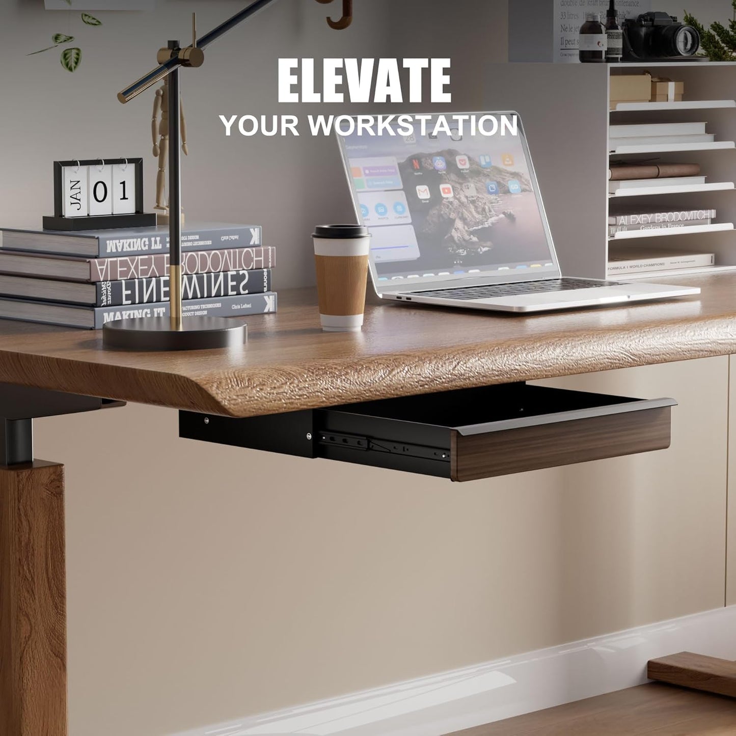 Under Desk Drawer, Solid Walnut Wood Panel – Sturdy Ball Bearing Slides, Easy Under-Desk Mount, Integrated Handle, Desktop Organizer for Office & Home Workstation