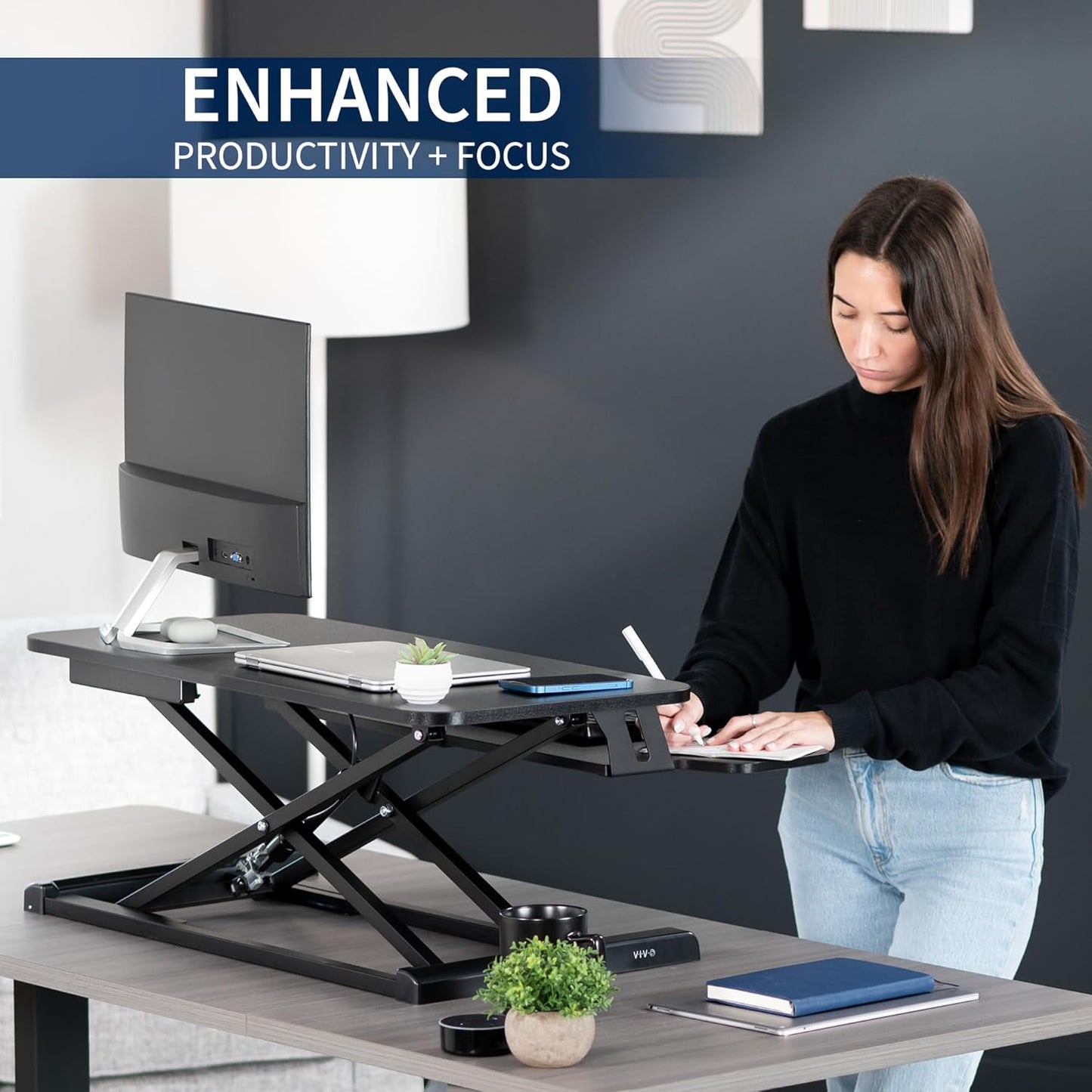 VIVO 26 inch Desk Converter, K Series, Height Adjustable Sit to Stand Riser, Dual Monitor and Laptop Workstation with Keyboard Tray, Black, DESK-V026KB