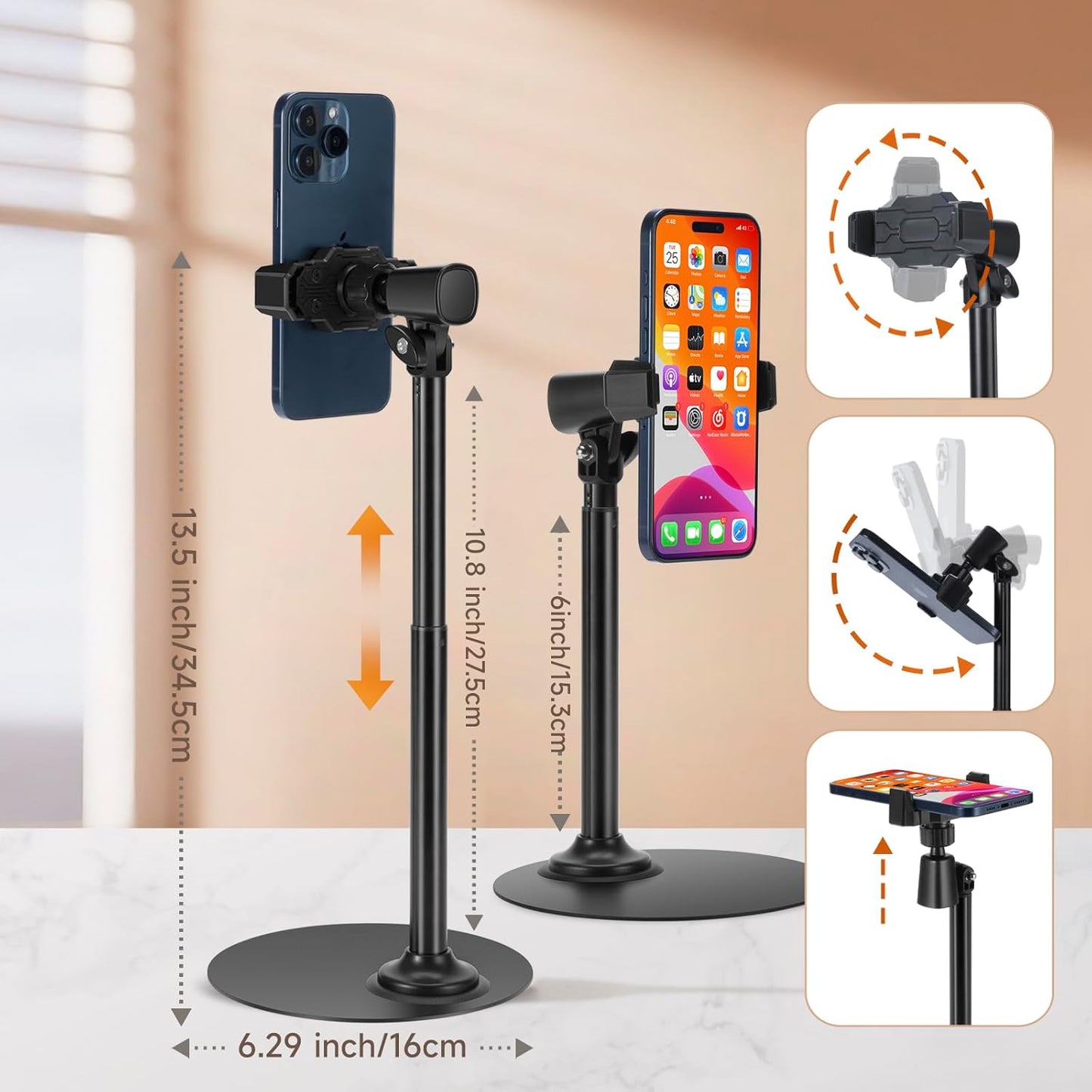 Adjustable Phone Stand for Desk with Clip Mount Live Streaming: 360° Rotatable Overhead Shot Holder with Sturdy Metal Base, Compatible with TikTok, YouTube, Zoom Video Recording (White)