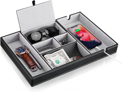 Baoyun Mens Nightstand Organizer, Leather Valet Tray for Men, EDC Catchall Tray with Phone Charging Station, Dresser Top Organizer, 6 Compartments Entryway Valet Box for Wallet, Keys, Phone