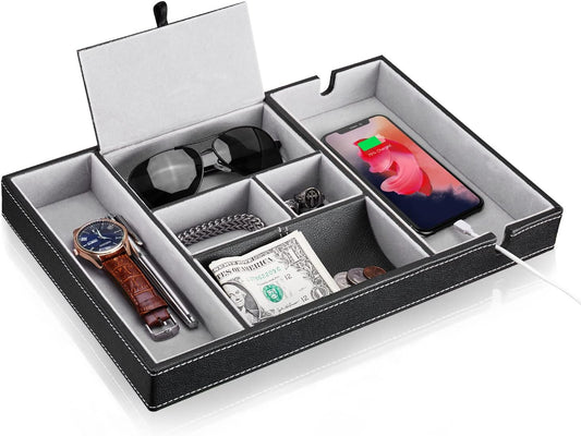 Baoyun Mens Nightstand Organizer, Leather Valet Tray for Men, EDC Catchall Tray with Phone Charging Station, Dresser Top Organizer, 6 Compartments Entryway Valet Box for Wallet, Keys, Phone