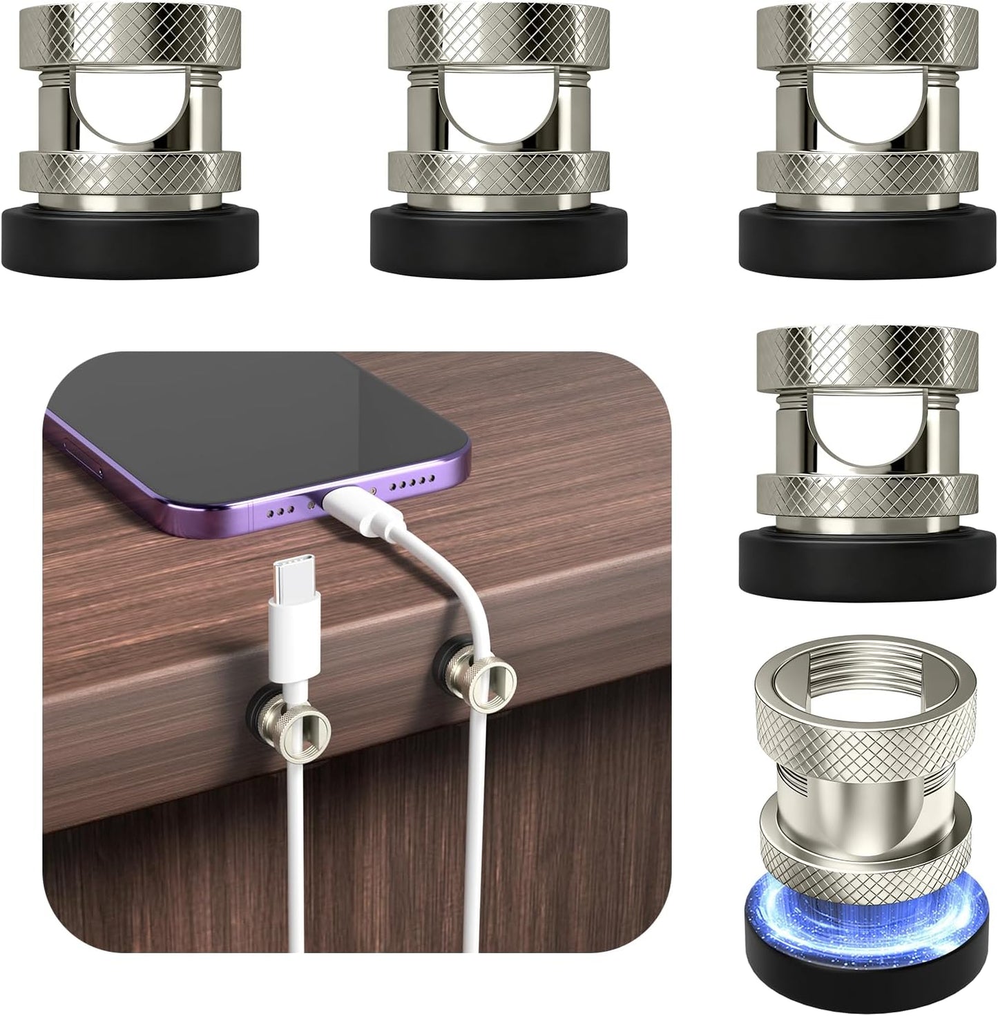 Maveek Metal Magnetic Cord Holder, Magnet Cable Clips Stainless Steel Adjustable Cord Organizers for Desk Nightstand Car Office Charging Wires USB C Laptop Earphone Audio Cords (4 Pack)