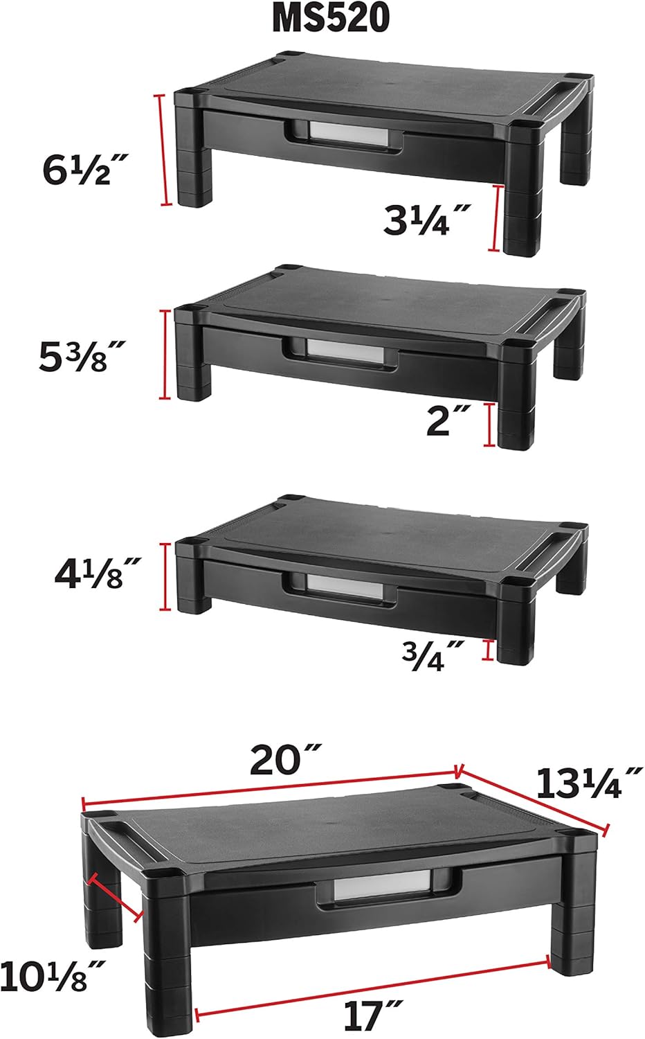 Kantek Single-Level Monitor Stand, 17" X 13.25" X 3" To 6.5", Black, Supports 50 Lbs