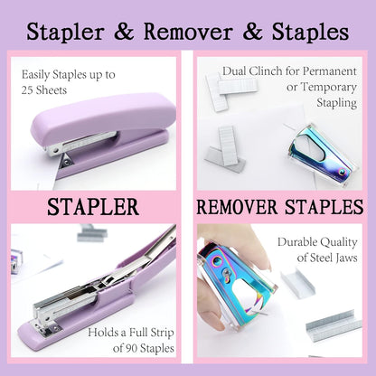 Gold Office Supplies,UPIHO Gold Desk Accessories,Stapler and Tape Dispenser Set with Large Stapler,Tape Dispenser, Staple Remover, Staples, Clips,Scissor,Pen and Sticky Notes,Gifts for Office Clerks