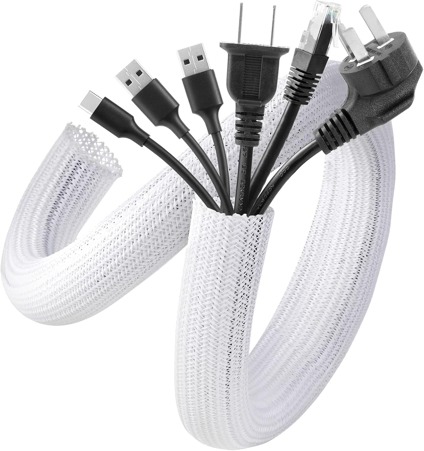 AGPTEK White Cable Sleeve, 2 Pack 5ft - 1.2 Inch Cable Management, Desk Cord Cover Organizer Wire Hider for Computer TV Wire Loom Tubing, Pet Proof Cord Protector from Cat Dog Chewing, White