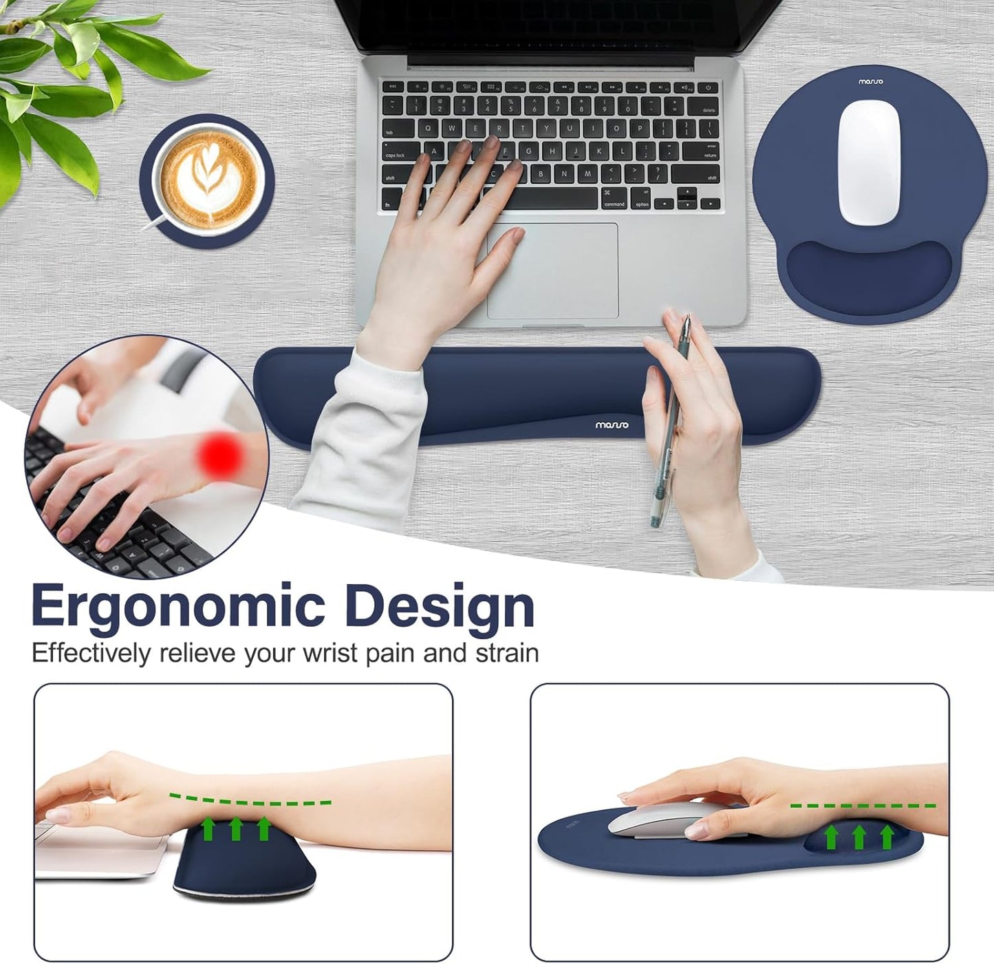 MOSISO Wrist Rest Support for Mouse Pad&Keyboard Set, Streamline Ergonomic Mousepad&Coaster Non-Slip Base Home/Office Pain Relief&Easy Typing Pad with Soft Cloth&Silicone Lining, Antique Green