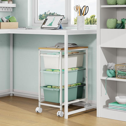 Rolling Storage Cart with 3 Drawers, Craft Organizer, Wooden Tabletop Utility Cart for Bedroom, Children's Room and Office Organization, Under Desk Trolley with Lockable Wheels,White