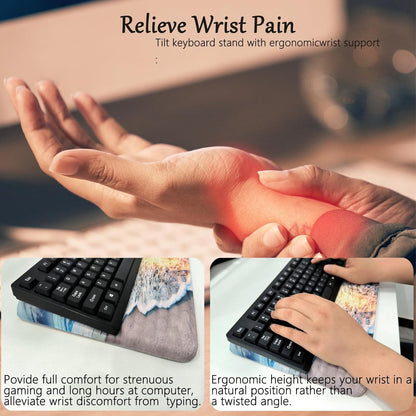 Computer Keyboard Stand Pad with Wrist Rest Purple Blue Cloud Keyboard Pad Support with Comfortable Galaxy Stars Wrist Pad Cute Girl Ergonomic Tilted Keyboard Riser Holder for Desktop Office Home