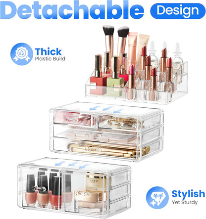 Masirs Clear Makeup Organizer - 16-Compartment Cosmetic and Jewelry Holder with 4 Drawers - Vanity Storage Box for Makeup, Skincare, Accessories, and Jewelry Display
