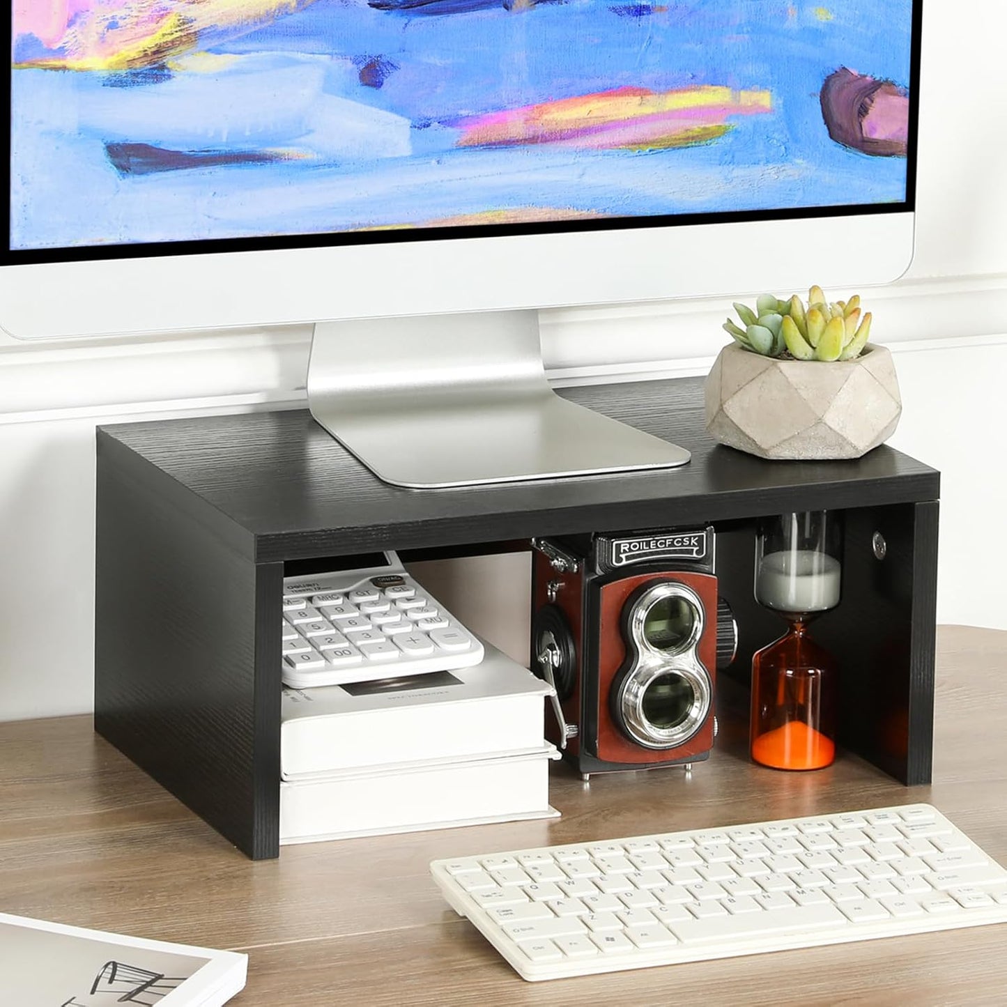 TEAMIX 14.2 inch Monitor Stand Riser, Rustic Brown Wood Monitor Riser with Storage for Desk Small Monitor Stand TV/Screen/PC/Laptop Riser Computer Stand Desktop Shelf (Brown-14.2 inch)