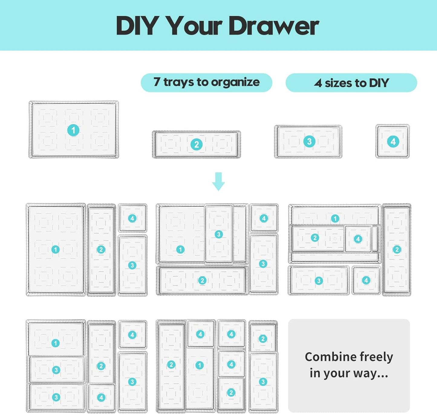 7 PCS Clear Drawer Organizer Bins, 4 Sizes with 7 Connector Clips, Stackable Makeup Vanity Organizer Trays for Bathroom Drawers, Cosmetics, Office Supplies, Kitchen Utensils & Gadgets