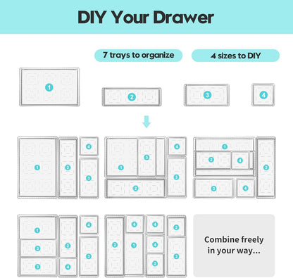 7 PCS Clear Drawer Organizer Bins, 4 Sizes with 7 Connector Clips, Stackable Makeup Vanity Organizer Trays for Bathroom Drawers, Cosmetics, Office Supplies, Kitchen Utensils & Gadgets