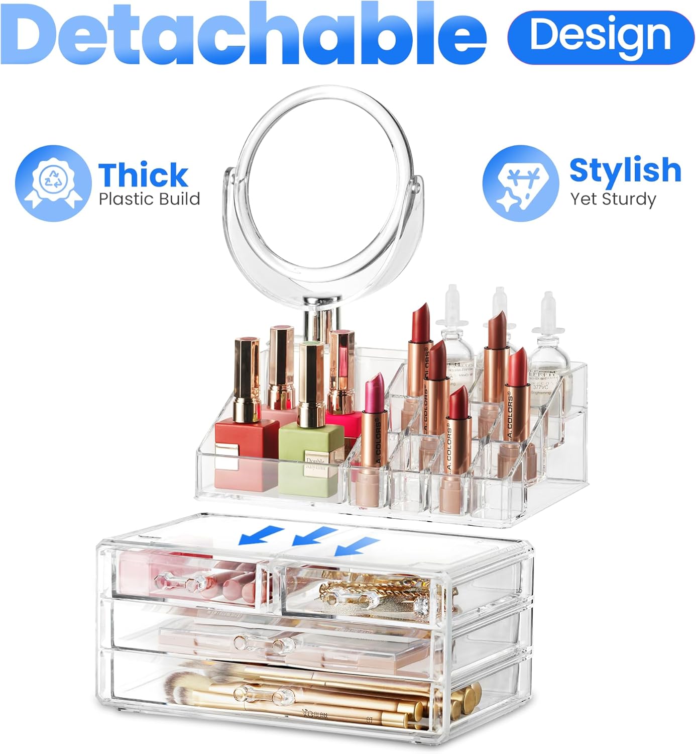 Masirs Clear Makeup Organizer - 16-Compartment Cosmetic and Jewelry Holder with 4 Drawers - Vanity Storage Box for Makeup, Skincare, Accessories, and Jewelry Display