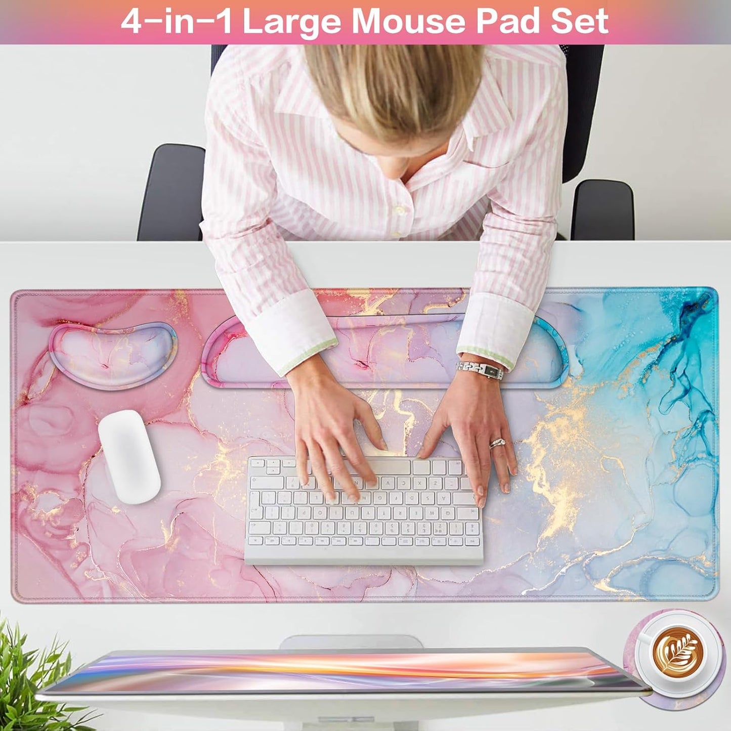 Desk Mat, Large Gaming Mouse Pad with Wrist Rest, 4in1 XXL Mousepad+Keyboard Wrist Rest+Mouse Pad Wrist Support+Cup Coaster Set Ergonomic Floral Computer Desk Arm Wrist for Decor Home Office Women