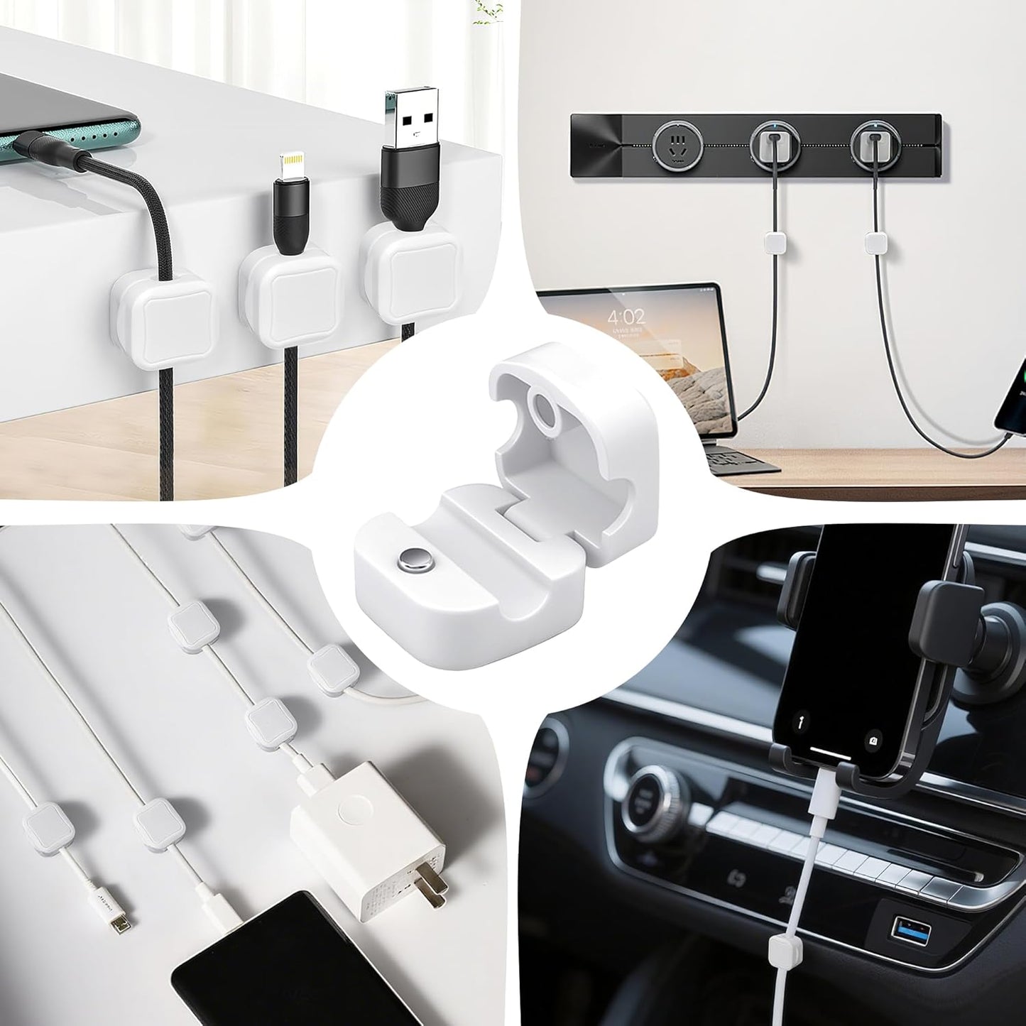 Quacc 6 PCS Magnetic Cable Clips Cord Organizer Holder Clips Desktop Cable Management for Home Desk Nightstand Car Wall - White