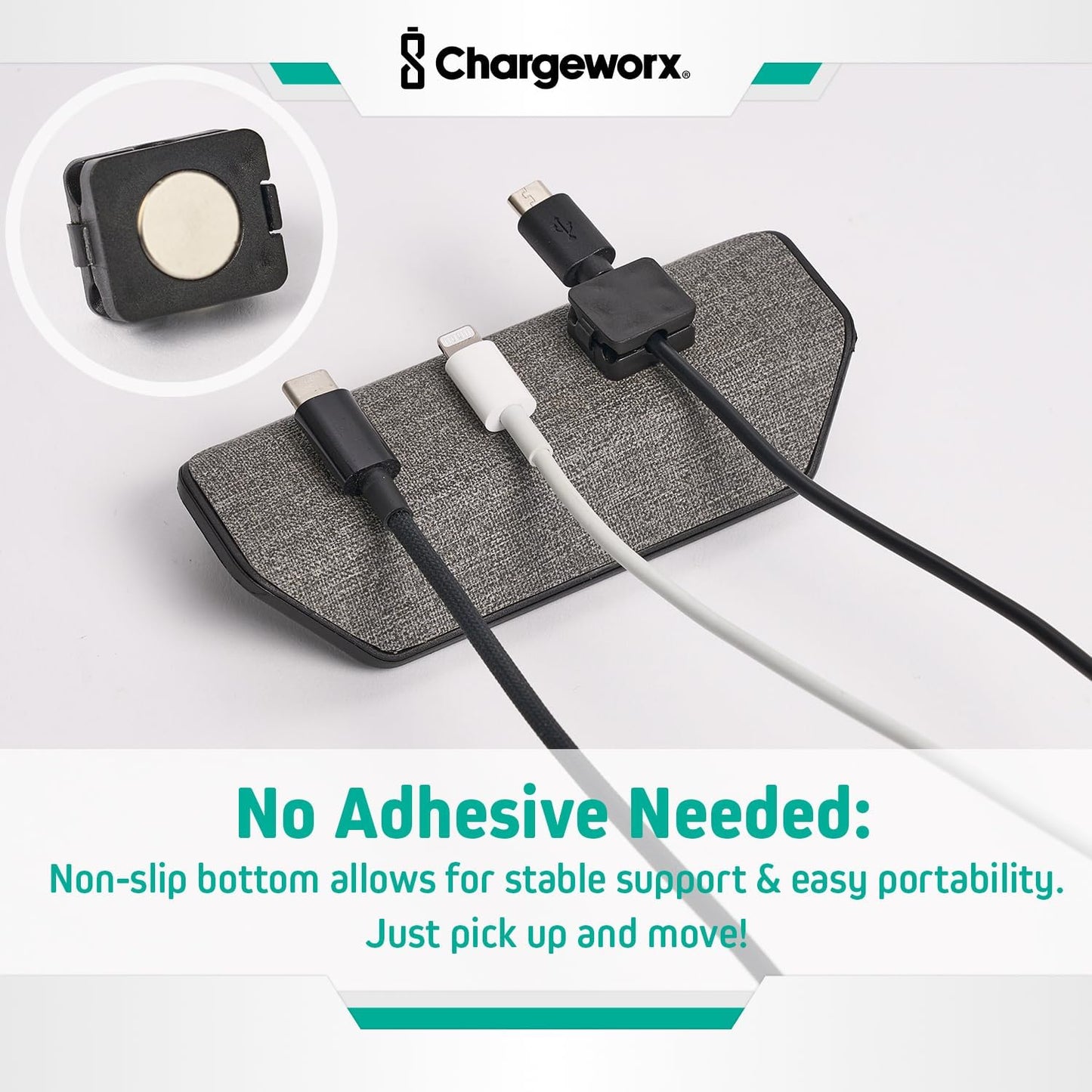 CHARGEWORX Magnetic Cable Organizer – Weighted Non-Adhesive Cord Holder with 3 Magnetic Clips for USB-C, Lightning & MagSafe Cables – Desk, Office & Nightstand Cable Management
