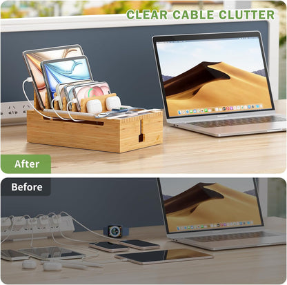 Pezin & Hulin Bamboo Charging Station for Multiple Devices, USB Charger Dock Organizer, with Power Supply (10 Ports HUB), 6 Cables, Cable Management Organizer for Cell Phones, Tablets -Natural+White