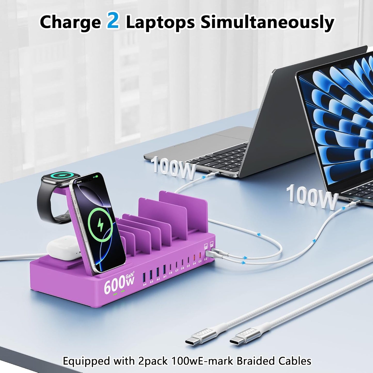 600w Charging Station for Multiple Devices, 15 in 1 Wireless Charging Station for Apple, Dual 100w USB C Tablet Charging Station for MacBook,iPhone,iPad,Tablet(Black)